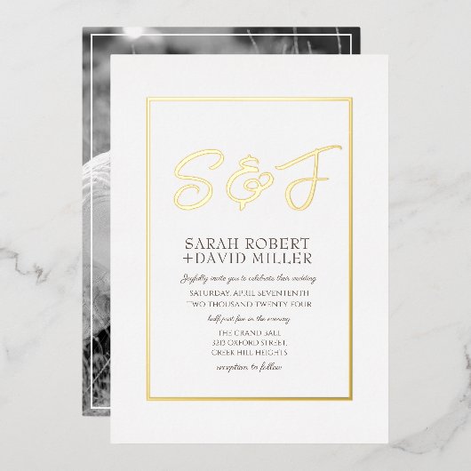 上品なホワイト金ゴールドフレームフォトフォイル招待状 箔招待状 (正面/裏面)