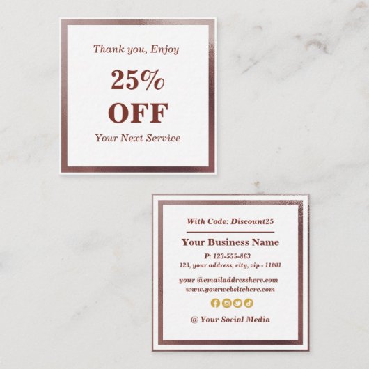 上品なモダンバラゴールドフォイル割引カード スクエア名刺 (正面/裏面)