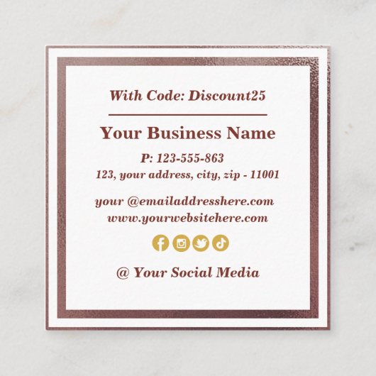 上品なモダンバラゴールドフォイル割引カード スクエア名刺 (裏面)