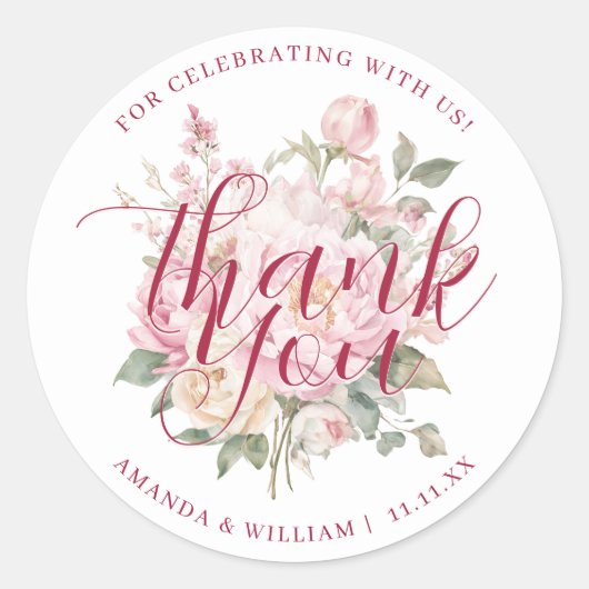 上品なモダンピンクのバラの花ありがとう ラウンドシール (正面)