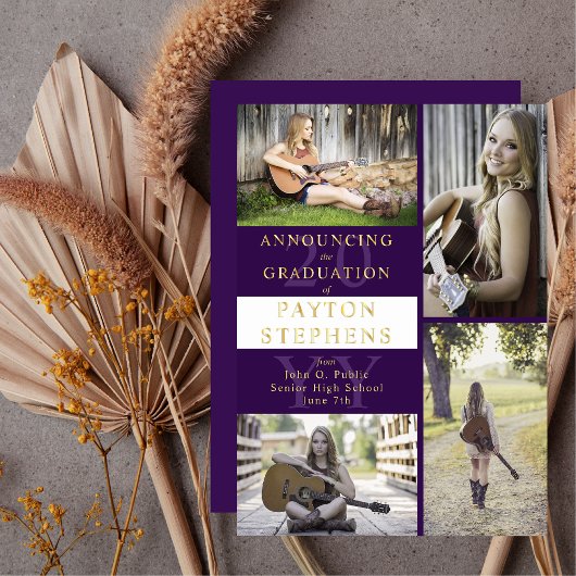 上品なモダンフォトパープル |ホワイトの卒業金ゴールド 箔招待状