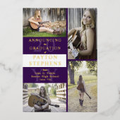 上品なモダンフォトパープル |ホワイトの卒業金ゴールド 箔招待状 (正面)