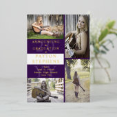 上品なモダンフォトパープル |ホワイトの卒業金ゴールド 箔招待状 (立ち正面)