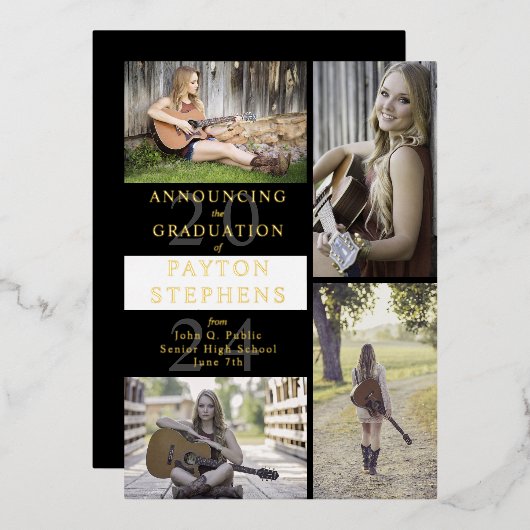 上品なモダンフォトブラック |ホワイトの卒業 箔招待状 (正面/裏面)