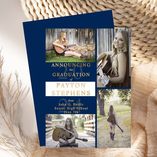 上品なモダンフォトブルー |ホワイトの卒業金ゴールド 箔招待状