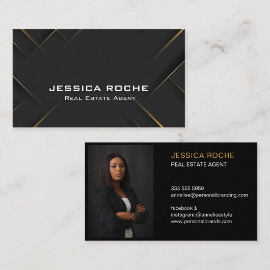 上品なモダンプロフェッショナルネイビーブルー金ゴールド写真 名刺 (正面/裏面)