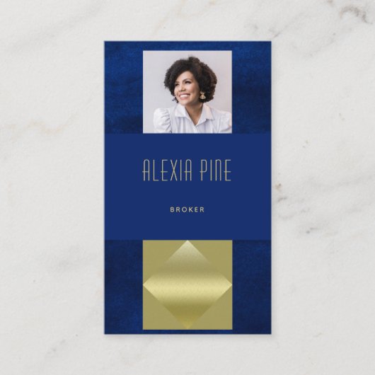 上品なモダンプロフェッショナルネイビーブルー金ゴールド写真 名刺 (正面)