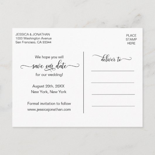 上品なモダンホワイトブラックウェディング日付を保存 案内ポストカード (裏面)