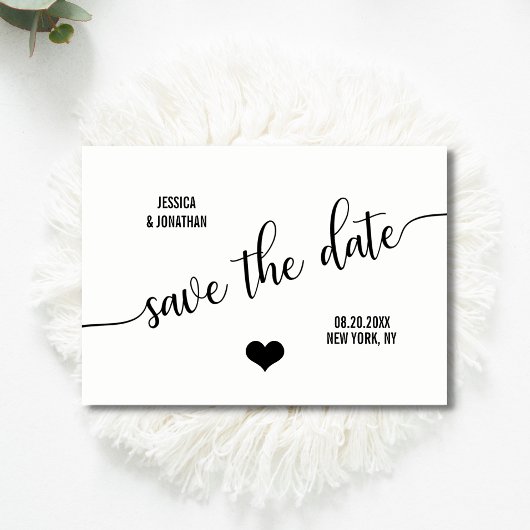 上品なモダンホワイトブラックウェディング日付を保存 案内ポストカード