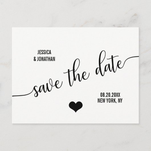 上品なモダンホワイトブラックウェディング日付を保存 案内ポストカード (正面)