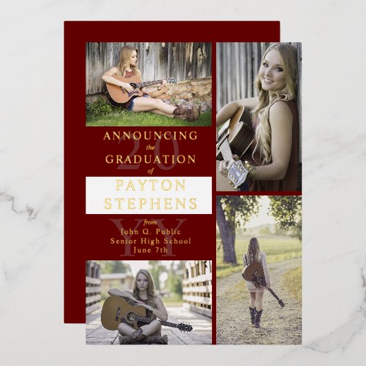 上品なモダン写真マルーン |ホワイトの卒業金ゴールド 箔招待状 (正面/裏面)