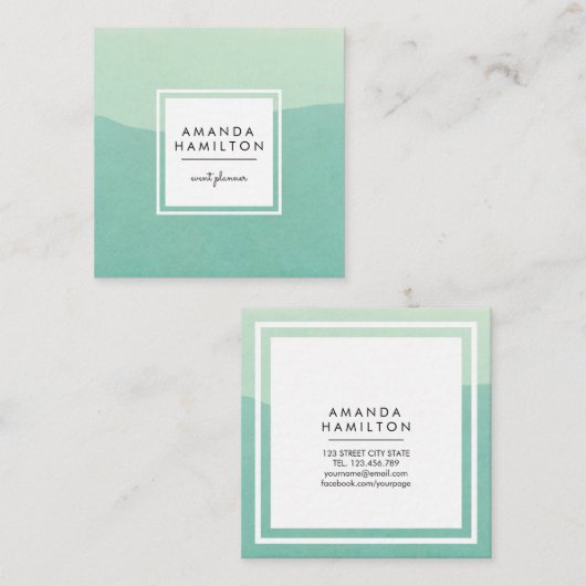 上品なモダン水彩光と暗いターコイズ スクエア名刺 (正面/裏面)