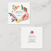 上品なモダン水彩牡丹フローラダイヤモンド スクエア名刺 (正面/裏面)