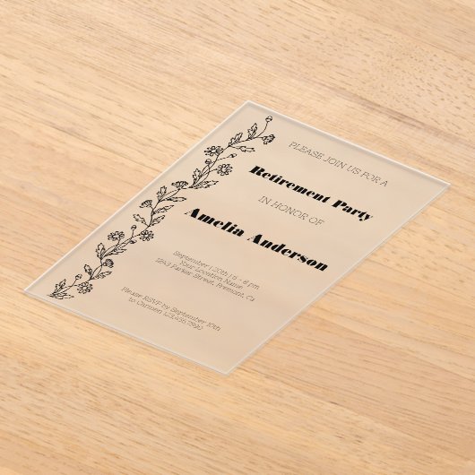 上品なモダン退職デイジーブラック アクリル招待状 (レイダウン)