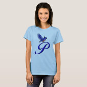 上品なモノグラムイニシャルP 青い鳥 Tシャツ (正面フル)