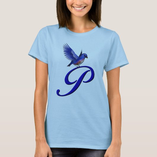 上品なモノグラムイニシャルP 青い鳥 Tシャツ (正面)