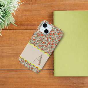 上品なモノグラム緑と赤のフローラ植物学 iPhone 15ケース