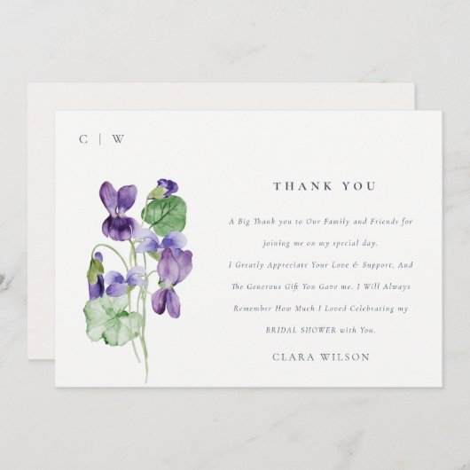 上品なモノグラム バイオレット フラワーバンチ ブライダルシャワー サンキューカード (正面/裏面)