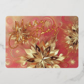 上品なレッドピンク抽象芸術スノーフレークフローラアート金ゴールド 箔シーズンカード (正面)