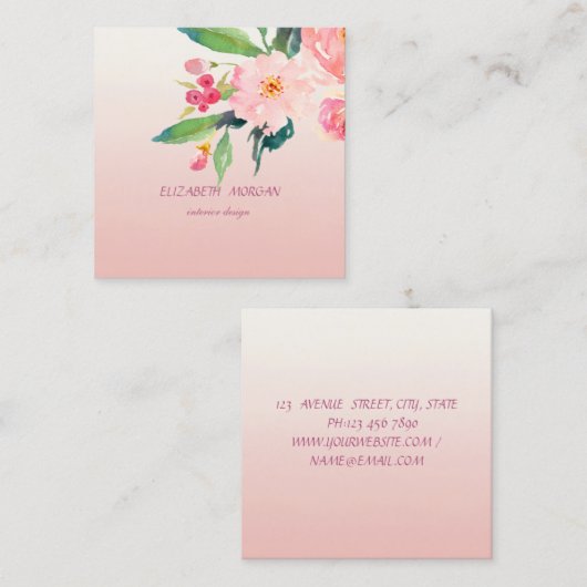 上品なロマンモダンティックウォーターカラーフローラ スクエア名刺 (正面/裏面)
