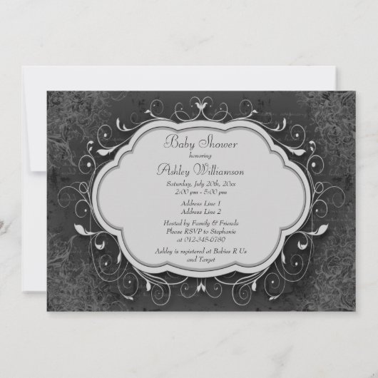 上品なヴィンテージのシャンデリアのオーナメントのベビーシャワー 招待状 (裏面)