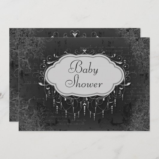 上品なヴィンテージのシャンデリアのオーナメントのベビーシャワー 招待状 (正面/裏面)