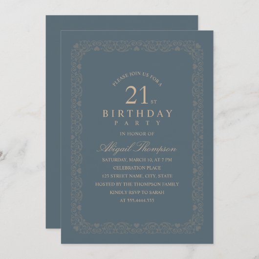 上品なヴィンテージの第21誕生会のエレガントなシンプル 招待状 (正面/裏面)