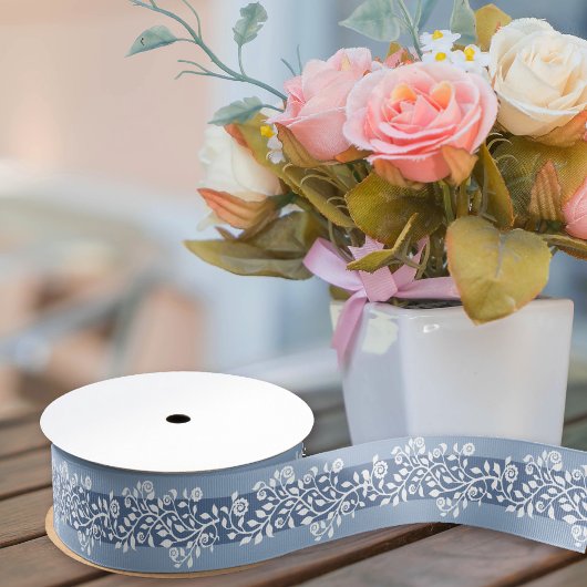 上品なヴィンテージフローラアラベスクボホダスティーブルーグ グログランリボン