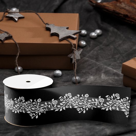 上品なヴィンテージフローラエレガント白黒グレー グログランリボン