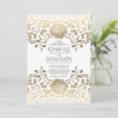 上品なヴィンテージホワイトおよび金ゴールドフローラ結婚ズ 招待状 (スタンド正面)