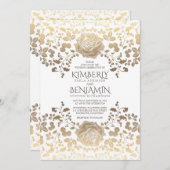 上品なヴィンテージホワイトおよび金ゴールドフローラ結婚ズ 招待状 (正面/裏面)