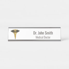 上品な医療エレガント金ゴールドカドゥセウス黒い翼 デスクネームプレート