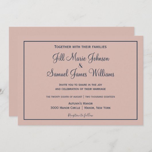 上品な埃っぽいピンクとブルー 招待状 (正面/裏面)