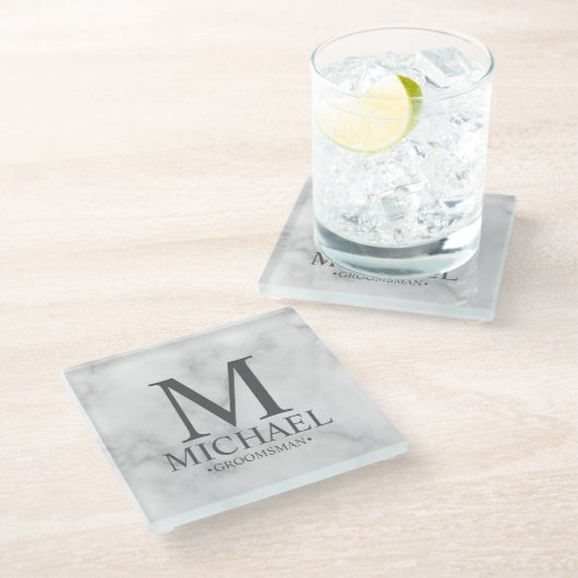 上品な大理石モノグラムと名前グロムスマン ガラスコースター (アングル)