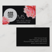 上品な女性のための花のピンクのバラ、写真の黒 名刺 (正面/裏面)