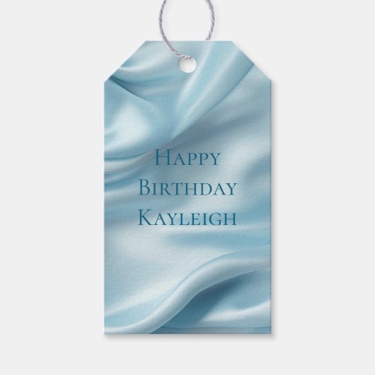 上品な女性らしいライトブルーの偽サテン ギフトタグ (正面)