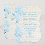 上品な女性らしい淡いパステルブルーの花のウェディング 招待状 (正面/裏面)