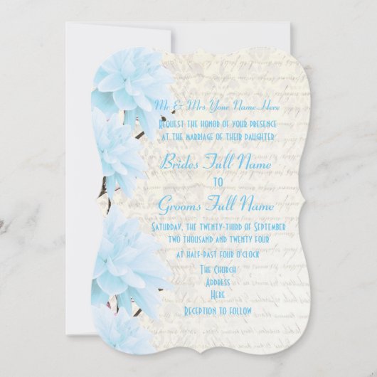 上品な女性らしい淡いパステルブルーの花のウェディング 招待状 (正面)