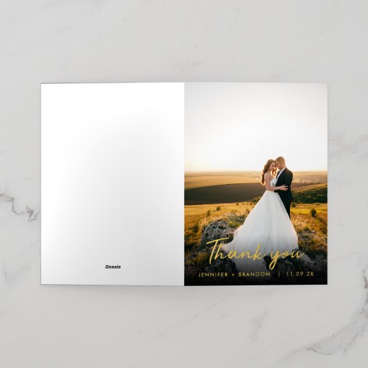 上品な手書金ゴールドありがとう |の結婚写真 箔グリーティングカード (外側レイダウン)