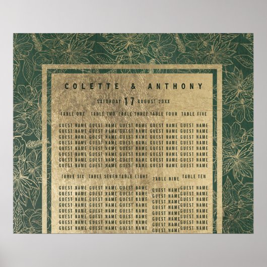 上品な森の緑の金ゴールドフローラシーティングチャート ポスター (正面)