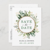 上品な植物性の緑の金ゴールド保存日付 案内ポストカード (正面/裏面)