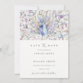 上品な水の色の孔雀フローラ日付を保存 招待状 (正面)