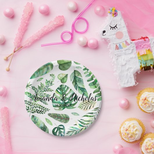 上品な水の色の熱帯離れの緑結婚の ペーパープレート (パーティー)