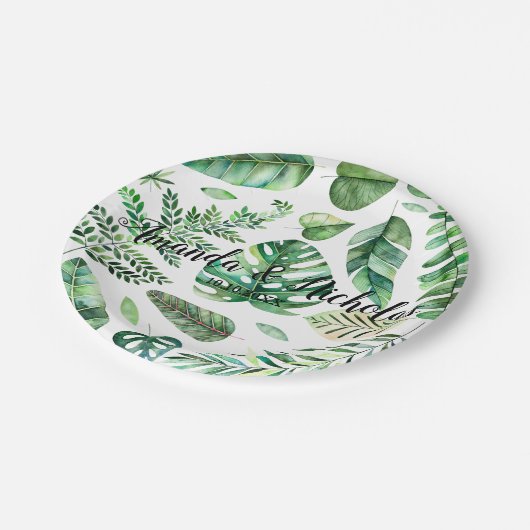 上品な水の色の熱帯離れの緑結婚の ペーパープレート (アングル)