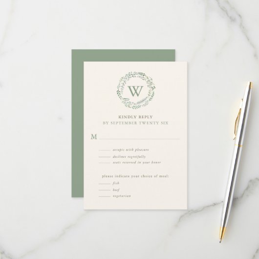 上品な水の色の緑のリースモノグラムと食事 出欠カード (正面/裏面インサイチュ)