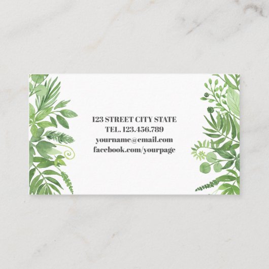 上品な水の色の野生の牧草地の緑の葉 名刺 (裏面)