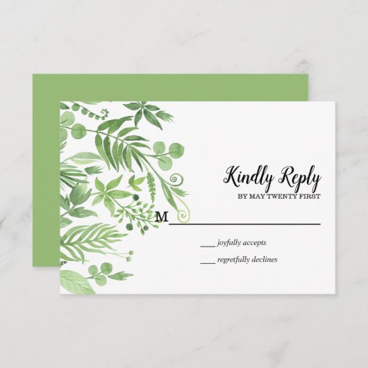上品な水の色の野生の牧草地グリーンウェディングRSVP 出欠カード (正面/裏面)
