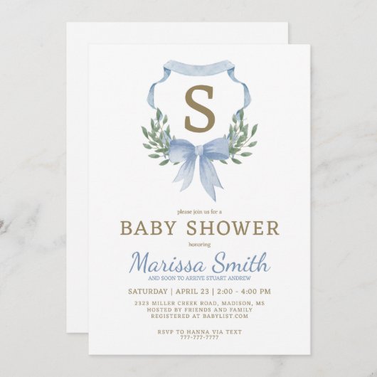 上品な水の色モノグラムボーイベビーシャワー 招待状 (正面/裏面)