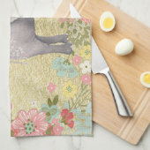 上品な水彩画象花フレームの金ゴールドホイル キッチンタオル (四つ折り)