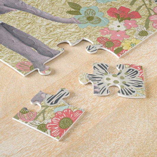 上品な水彩画象花フレームの金ゴールドホイル ジグソーパズル (側面)